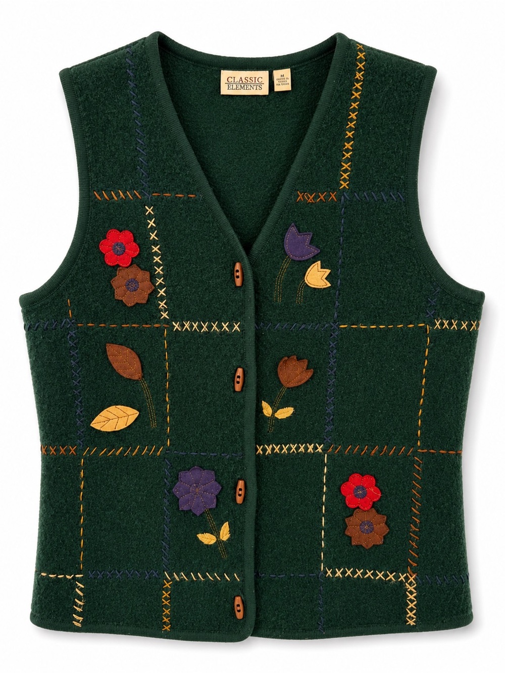 Classic Elements Wool Vest Floral Embroidered Patchwork Cottagecore Medium